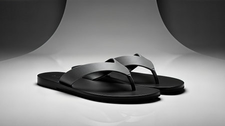 A pair of simple black flip-flops are displayed on a clean white surface, emphasizing their minimalist design and neutral color palette.の写真素材