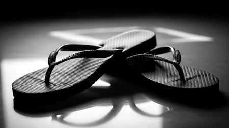 A pair of flip-flops are captured in a striking black and white image, set against a reflective surface with dramatic lighting that accentuates their form.の写真素材