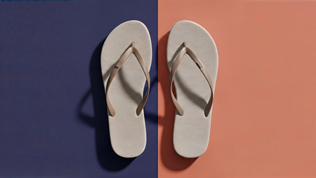 Two flip flops, one on a blue background and the other on a peach background, create a minimalist summer aesthetic. Perfect for beach, vacation, or casual wear concepts.の写真素材