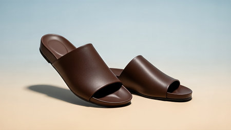 A pair of stylish brown leather slides are displayed on a neutral surface, perfect for showcasing fashion and comfort.の写真素材