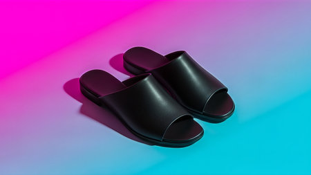A pair of stylish black leather slides are displayed against a vibrant gradient background of pink and blue, creating a modern and eye-catching image.の写真素材