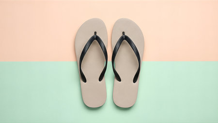 A pair of beige flip flops with black straps are neatly arranged on a split pastel background of peach and mint green, evoking a summery and relaxed feel.の写真素材