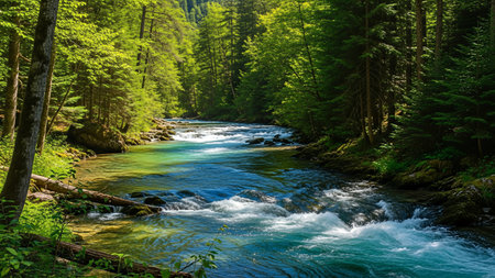 A pristine river flows through a vibrant green forest, showcasing nature's beauty and tranquility. The clear water reflects the surrounding trees.の写真素材