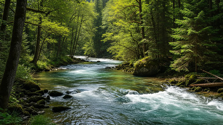 A vibrant river flows through a dense, green forest, showcasing the beauty and tranquility of nature's untouched landscapes.の写真素材