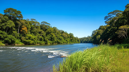 A stunning view of the Amazon River, surrounded by dense rainforest and vibrant green vegetation under a clear blue sky, showcasing the natural beauty of the Amazon.の写真素材