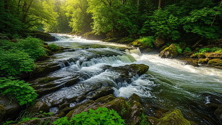 A vibrant river cascades through a lush green forest, creating a serene and picturesque landscape. The water flows over rocks, surrounded by dense vegetation.の写真素材