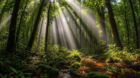 Sunlight filters through the dense canopy of a tropical forest, illuminating the lush greenery and creating a serene atmosphere.の写真素材