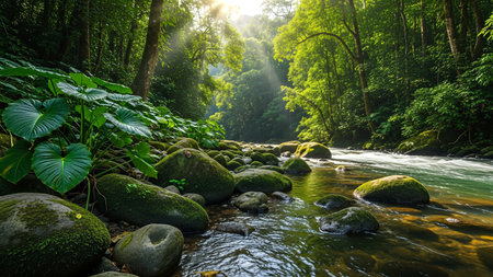 A tranquil stream flows through a vibrant rainforest, sunlight filtering through the canopy, creating a peaceful and enchanting natural scene.の写真素材