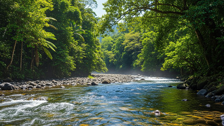 A serene river flows through a vibrant rainforest, showcasing the lush greenery and natural beauty of the environment. Perfect for nature and travel themes.の写真素材