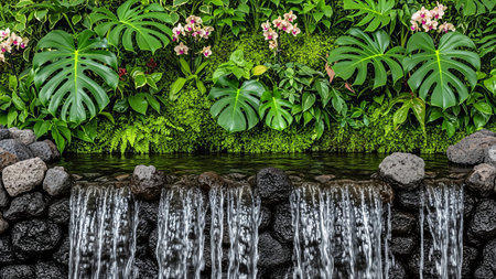 A vibrant green wall adorned with tropical plants and delicate flowers, complemented by a cascading waterfall over dark stones, creating a serene and natural ambiance.の写真素材