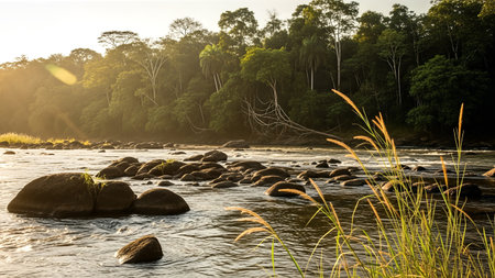 A tranquil river scene in the Amazon rainforest, featuring rocks, grasses, and dense jungle under the warm glow of the setting sun.の写真素材