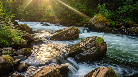 A vibrant river rushes through a verdant forest, sunlight dappling the water and moss-covered rocks, creating a tranquil scene.の写真素材