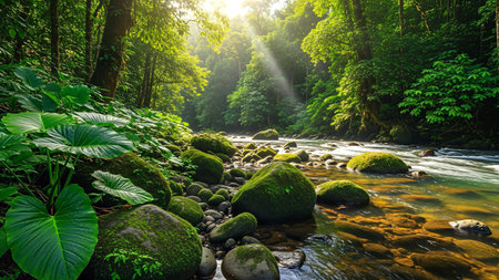 A vibrant stream flows through a dense rainforest in Costa Rica, showcasing the rich biodiversity and tranquil beauty of the natural environment.の写真素材