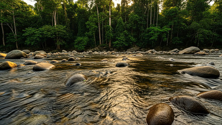 A tranquil river flows through a vibrant green forest, creating a peaceful and scenic natural landscape. The water reflects the sunlight, adding to the beauty.の写真素材