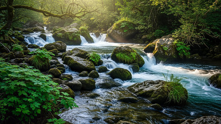 A vibrant scene of a river cascading over moss-covered rocks in a lush, green forest, creating a serene and natural landscape.の写真素材