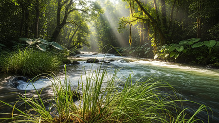 A tranquil stream flows through a lush green forest, illuminated by sunbeams filtering through the canopy. A peaceful and calming nature scene.の写真素材