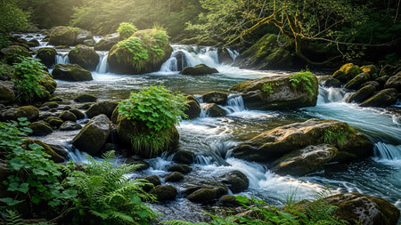 A vibrant river flows through a lush forest, cascading over moss-covered rocks, creating a tranquil and picturesque scene of natural beauty.の写真素材