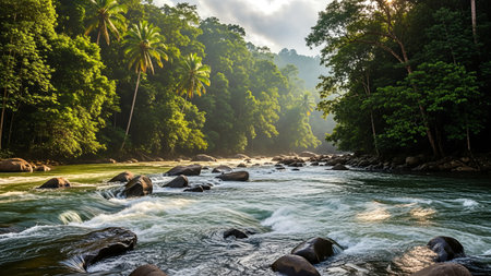A vibrant river rushes through a dense tropical rainforest, surrounded by lush greenery and sunlight filtering through the canopy.の写真素材