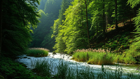 A tranquil river meanders through a vibrant green forest, creating a peaceful and scenic natural landscape.の写真素材