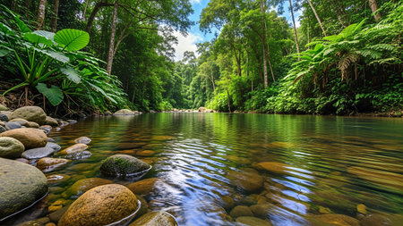 A serene river flows through a vibrant rainforest, featuring smooth rocks and dense green vegetation, creating a peaceful natural landscape.の写真素材