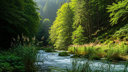 A tranquil river meanders through a vibrant green forest, creating a peaceful and scenic landscape. The water reflects the surrounding trees and sky.の写真素材