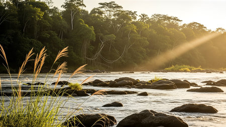 A tranquil river meanders through the Amazon rainforest, illuminated by the golden rays of the rising sun, creating a peaceful and scenic landscape.の写真素材