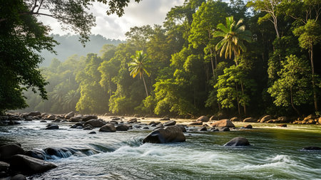 A vibrant river flows through a dense tropical rainforest, with rocks scattered in the water and sunlight filtering through the trees.の写真素材