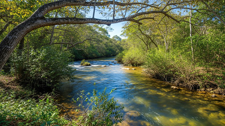 A tranquil river meanders through a vibrant green forest, showcasing the beauty of nature and the peaceful flow of water.の写真素材