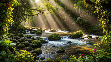 A tranquil stream flows through a vibrant green forest, illuminated by sunbeams filtering through the canopy. Moss-covered rocks and lush foliage create a peaceful scene.の写真素材