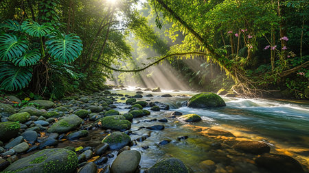 A vibrant river flows through a dense forest, illuminated by sunbeams piercing the canopy, creating a serene and picturesque scene.の写真素材