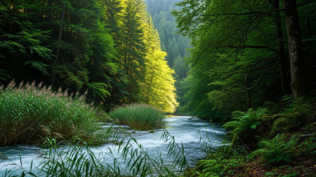 A tranquil river meanders through a vibrant green forest, creating a peaceful and scenic natural environment. Perfect for nature and travel themes.の写真素材