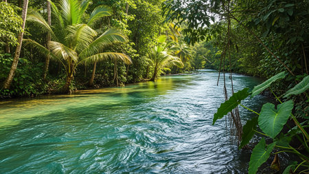 A vibrant turquoise river meanders through a dense tropical rainforest, showcasing nature's beauty and tranquility in a stunning landscape.の写真素材