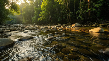 A tranquil river flows through a vibrant green forest, illuminated by the soft light of the rising sun, creating a peaceful natural scene.の写真素材