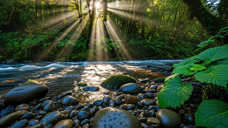 Sun rays pierce through the trees, illuminating a river with rocks and lush greenery, creating a serene and natural scene.の写真素材