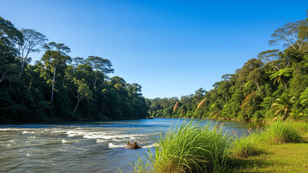 A tranquil river meanders through a vibrant rainforest, showcasing the beauty and serenity of nature's untouched landscapes.の写真素材