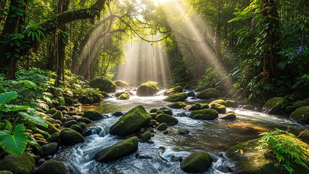 A tranquil stream flows through a vibrant forest, illuminated by sunbeams filtering through the canopy, creating a peaceful and enchanting scene.の写真素材