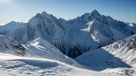 Breathtaking view of snow-covered mountain peaks in Alaska, showcasing the rugged beauty and pristine wilderness of the Alaskan landscape in winter.の写真素材