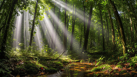 Sunlight filters through the dense canopy of a tropical rainforest, illuminating the vibrant green foliage and creating a serene, natural scene.の写真素材