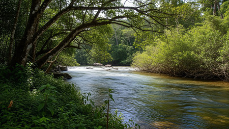 A tranquil river meanders through a vibrant green forest, creating a peaceful and scenic landscape. The water reflects the surrounding trees.の写真素材