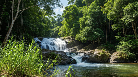 A scenic waterfall cascades through a lush, green tropical rainforest, creating a serene and vibrant natural landscape.の写真素材