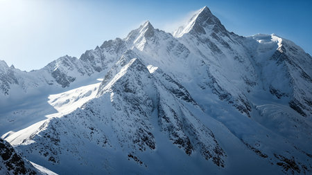 A stunning view of snow-covered mountain peaks under a clear blue sky, showcasing the beauty and grandeur of nature's winter landscapes.の写真素材