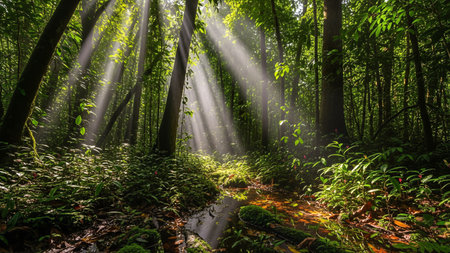 Sunlight streams through a dense forest, illuminating the lush green foliage and creating a serene atmosphere.の写真素材