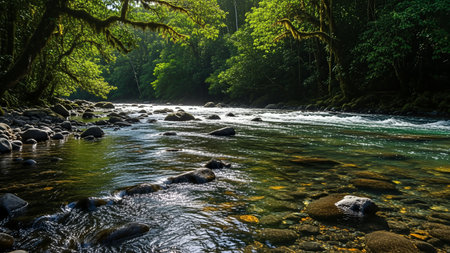 A clear river flows through a vibrant green forest, showcasing nature's beauty and tranquility in a peaceful landscape setting.の写真素材