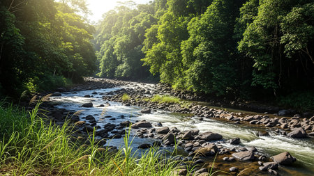 A beautiful river flows through a vibrant green forest, creating a peaceful and serene natural landscape. The sunlight filters through the trees, adding a touch of magic.の写真素材