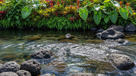 A serene stream flows through a lush tropical landscape, featuring vibrant foliage and smooth, dark rocks along the water's edge.の写真素材
