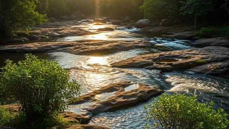 A scenic view of a sunlit river cascading over rocks in a lush green forest, creating a tranquil and natural landscape.の写真素材