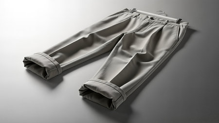 Stylish khaki trousers with cuffed hems, presented on a neutral surface, perfect for fashion and apparel related projects.の写真素材