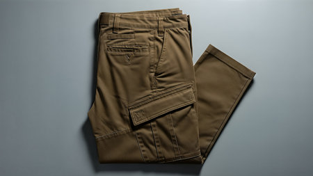 Men's khaki pants on a gray background. Close-up.の写真素材