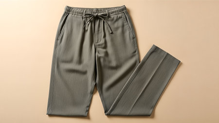 A pair of olive green drawstring pants are neatly arranged on a beige background, showcasing their casual style and comfortable design.の写真素材