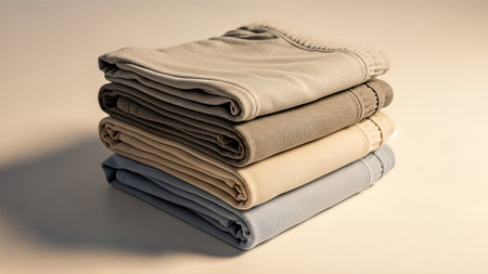 Pile of beige, blue and brown folded clothes on light backgroundの写真素材